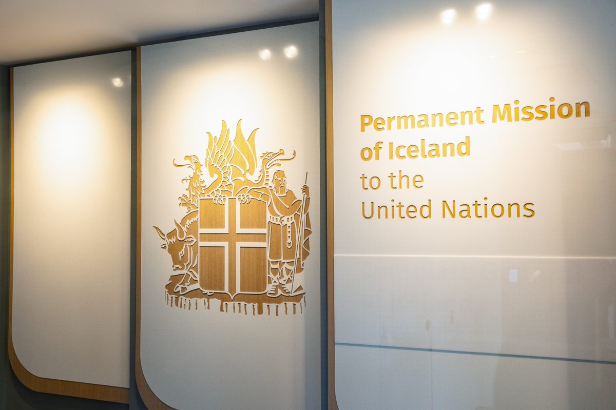 Gold lettering and Iceland's coat of arms at the Permanent Mission of Iceland to the United Nations